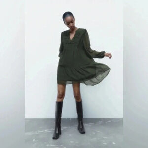 Zara Pom Pom Trim Mini Dress Swiss Dot Casual Olive Green Womens Size Medium M
